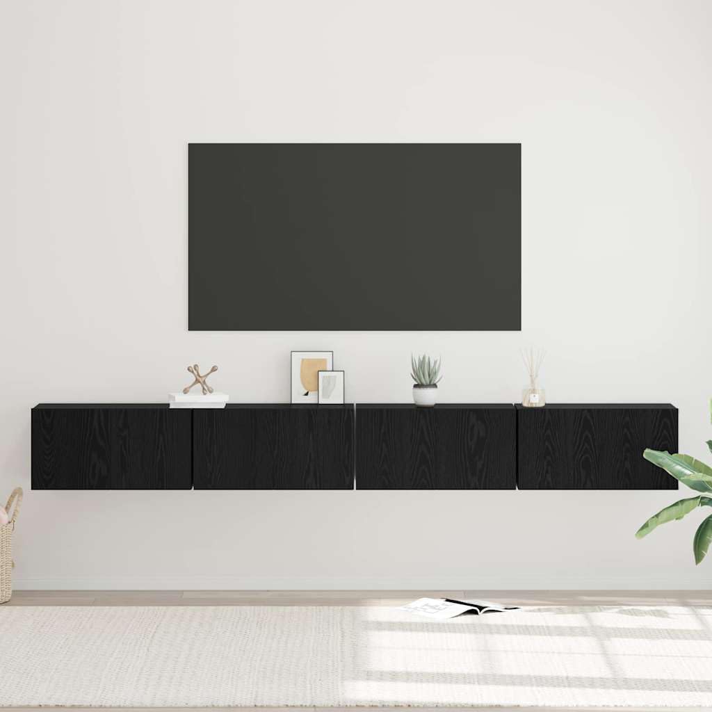 4-częściowy zestaw szafek pod telewizor, kolor czarny, imitacja dębu, materiał drewnopochodny, 60 x 30 x 30 cm, z regałem i drzwiami, do salonu, kino domowe, miejsce do przechowywania i montaż