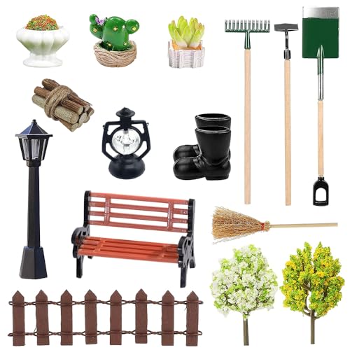 Set da Giardinaggio in Miniatura,Mini Set di Decorazioni per Mobili da Giardino,16 Pcs Accessori da Giardino in Miniatura,Attrezzi da Giardino in Miniatura,Giardino Panchina da Strada