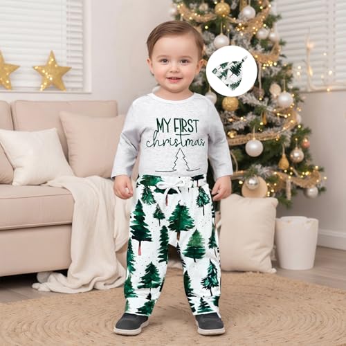GOOCHEER My First Christmas Baby Boy Outfit Tree Print Newborn Long Sleeve Bubble Romper Shirt Pants Hat Infant Clothes Set2