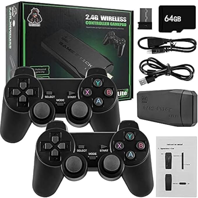 Wireless retro game console, plug and play video game stick built in 10000+ games,9 classic emulators, 4k high definition hdmi output for tv with dual 2.4g wireless controllers(64g)
