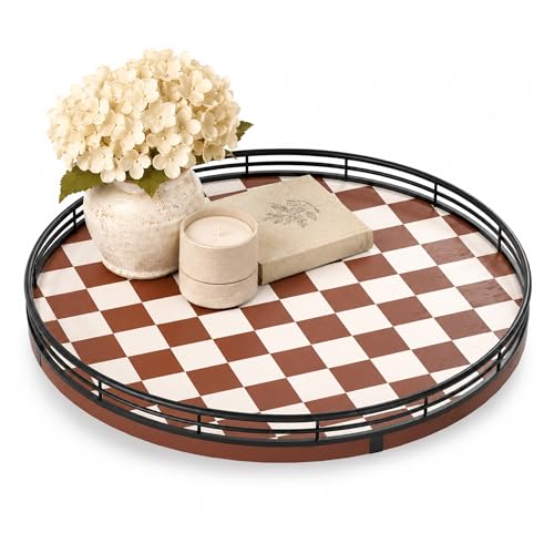 Image of Brown Checkered Lazy Susan Decorative Tray, 12 Inch Round Rotating Tray with Black Metal Rail, Wood Turntable for Coffee Table Decor, Dining Table Centerpiece, Candle and Vase Display