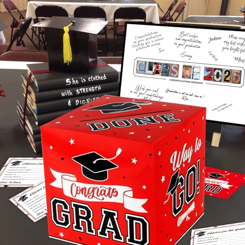 DAZONGE Graduation Decorations 2025 Red - 1 Graduation Card Box with 30 Advice Cards and 1 Guestbook Signature Board for Graduation Party Decorations, Congrats Grad Class of 2025 Decorations by DAZONGE - Image 3