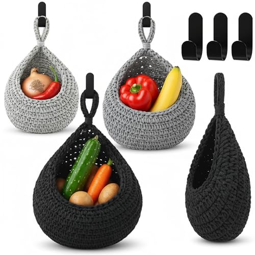 Image of Honeydak 3 Hanging Baskets, Light Grey, White, Grey, Teardrop, Cotton Rope