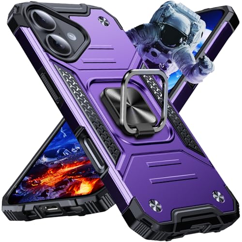 Image of Anqrp Heavy Duty Case for iPhone 16 Case with Enhanced Ring Holder Grip Stand, Military Grade Shockproof Rugged Drop Protective Silicone Hard Slim iPhone 16 Phone Case Cover,Purple