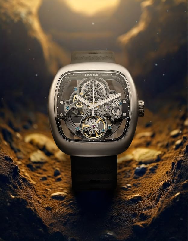 Image of QORUM Equinox Men's Automatic Skeleton Watch - Black Dial, Square Carbon Finish Case, Black Silicon Strap