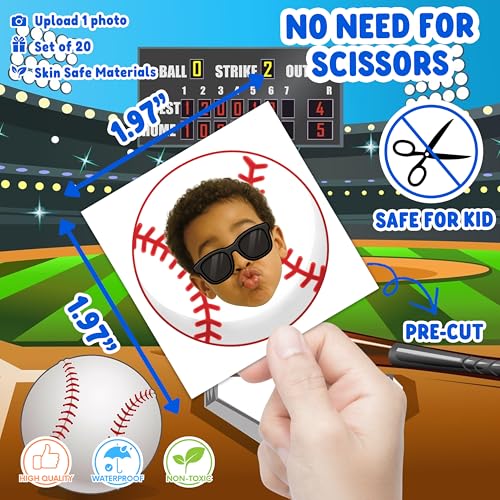 Image of Custom Baseball Temporary Tattoos for Kids | Personalized Pre-Cut Face Photo, Birthday Party Favors, Set of 20, Baseball Fans