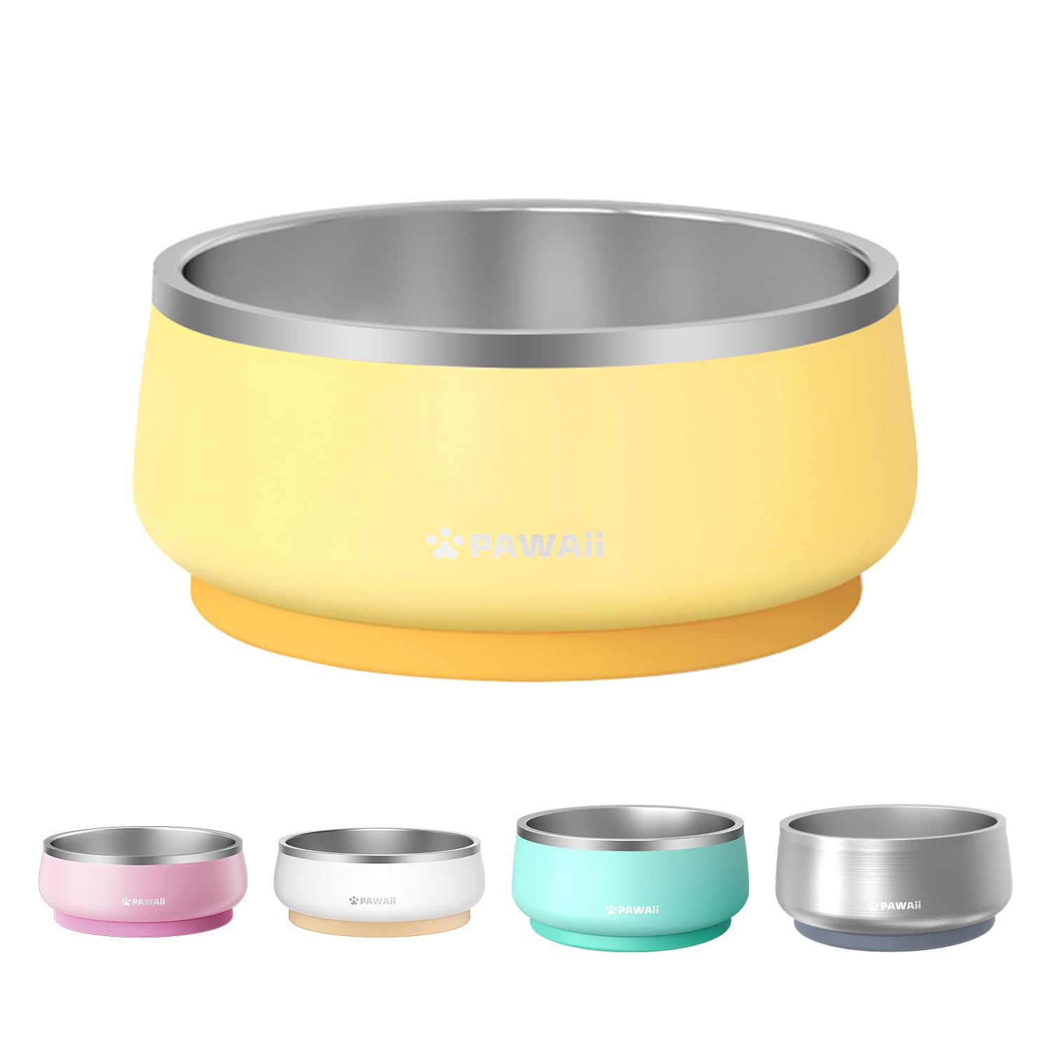 PawaiiStainless Steel Dog Bowl with Non-Slip Rubber Base & Double Wall Insulation - Durable Design | Includes ID Tag | Dishwasher Safe Food & Water Bowl for All Dogs (34oz)