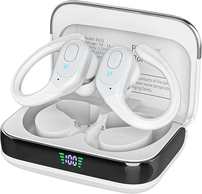 Auriculares Bluetooth auriculares inalámbricos con 75hrs de reproducción, pantalla led caso de carga, IPX7 impermeable, Over Ear diseño auriculares para deportes / correr / entrenamiento   Blanco
