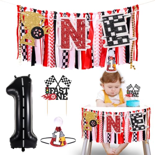 Image of Race Car Fast One Highchair Banner for First Birthday Party Decorations | Pre-strung Race Car Fabric Banner for Boys Black Red High Chair Banner for One Birthday Backdrop Decorations