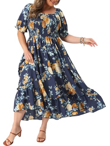 Image of Agnes Orinda Plus Size Dress for Women Short Sleeve Shirred Square Neck Floral Maxi Long Dresses
