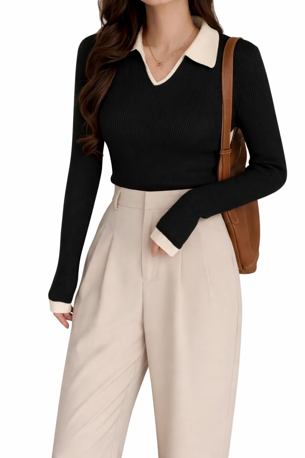 Women's Ribbed Knit Sweater with Contrast Collar, Black and White, Long Sleeve V-Neck Top