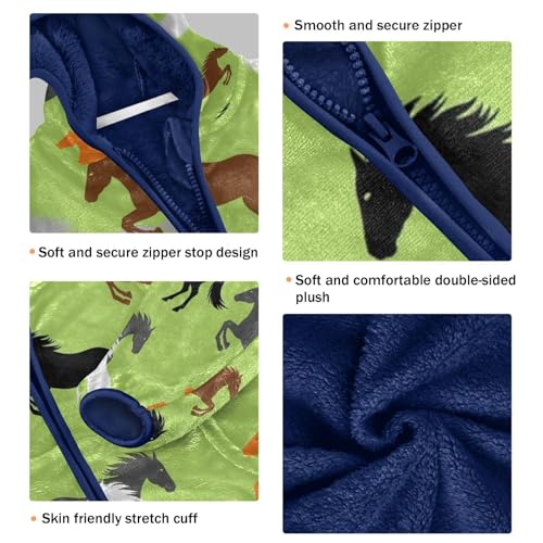 Horse Silhouettes on Green Toddler Fleece Jacket Girl Boys Hooded Fleece Jacket Coat Warm Outwear Zip-up 3-10T3