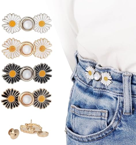 Image of 4Pcs Daisy Jeans Tightening Clips, Flower Detachable Jeans Adjustable Button Pins, Adjustable Waist Buckle for Women, Instant Pants Waist Tighteners for Loose Waist for Pants Skirts