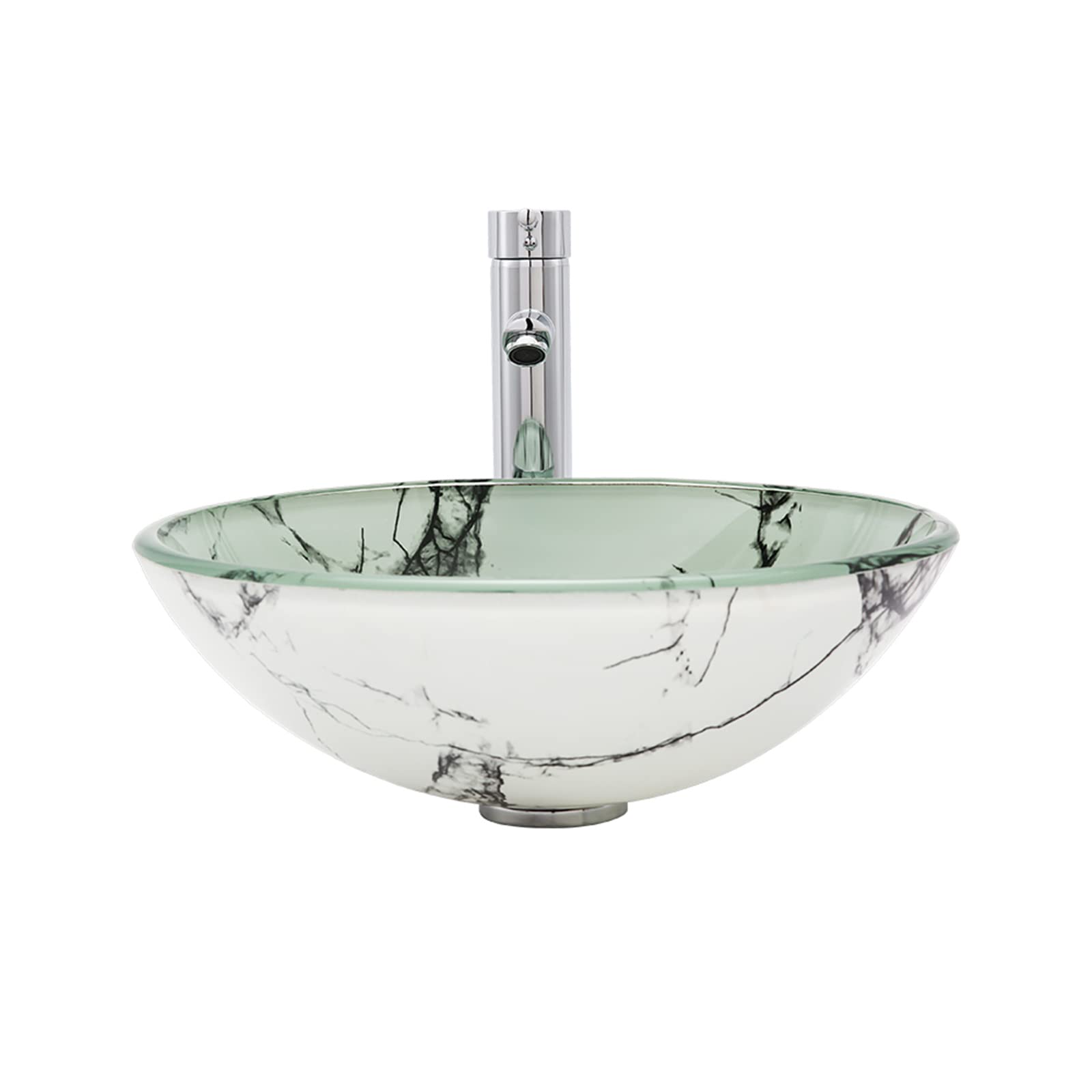 WDSOPK Marble Bathroom Vessel Sink, Artistic Tempered Glass Round Bowl Countertop Sink with Faucet, Pop-Up Drain and Accessories, Above Counter