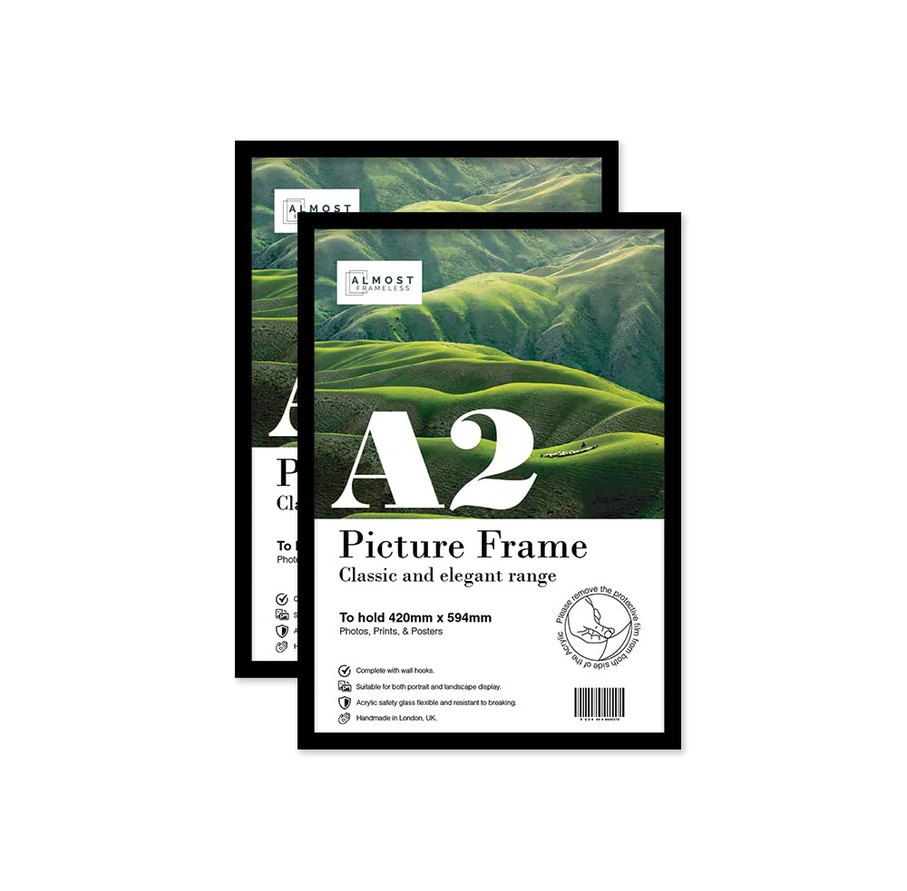 Almost Frameless Black A2 Picture Frame Set Of 2, Display A2 Picture Gallery Wall, Poster, Photo, Artwork, Or Print,