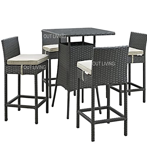 Image of OUTLIVING Rattan Wicker Outdoor Bar Patio Table with 4 Chairs Set for Home Graden Balcony 4 Seater Bar Patio Furniture (Black & Cream Cushion)