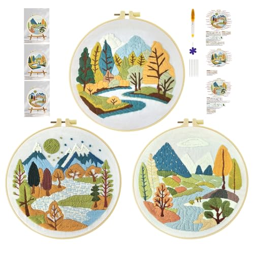 cukol cukol 3pcs Kit Ricamo Principianti Paesaggio Fluviale, Embroidery Kit, Schemi per Set Ricamo Starter Mezzo Punto Croce Kit da Ricamare Mezzopunto a Mano Stampato Bambini