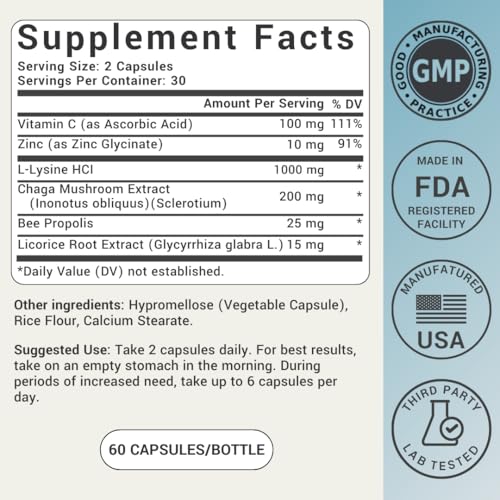 Image of Lysine Cold Sore Treatment for Lips with VIT C - Supercharged Lysine 1000mg Capsules & Cold Sore Relief Blend with Chaga, Bee Propolis, Zinc & Licorice Root for Skin, Gut Health & Immune Support