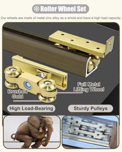 Kit de herrajes para puerta corrediza con ruedas de metal en acabado dorado cepillado y riel champagne de 38 pulgadas (96.5 cm), incluye 12 ruedas miniatura 3