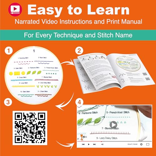 Azenera Beginner Embroidery Kit (4 Pack) Learn 33 Stitches with Easy DIY Video Tutorials, Coloured Design Patterns, Thread Floss, Cross Stitch Hoop, Gift (AZD200)