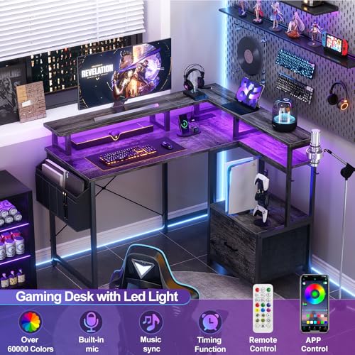 Homieasy-Small-Computer-Desk-with-File-Drawer-Cabinet-L-Shaped-Office-Desk-with-Printer-Stand-Monitor-Stand-39-Inch-Gaming-Desk-with-Power-Outlets-Led-Light-Storage-Bag-Hanging-Hooks-Black-Oak