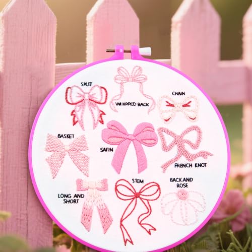 Image of Pink Bowknot Embroidery Kits for Beginners Adults, Cute Hand Embroidery Starter Kits, Counted Cross Stitch Kits for Beginners DIY Craft Kits for Adults Women, Embroidery Hoops, Thread & Video Tutorial
