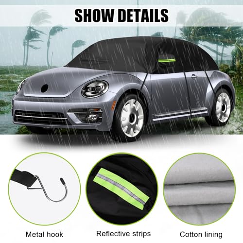 Image of Half Car Cover Compatible with Volkswagen New Beetle 1998-2022, All Weather Protection with Side Mirror Cover, Waterproof Top Roof Protector for Rain Hail Sunshine Protection