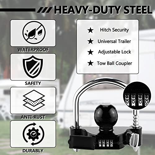 Cenipar Trailer Hitch Lock Universal With Combination Lock, Heavy-Duty Steel Tow Ball Coupler, Fits 1-7/8”, 2”, 2-5/16” Couplers, For Trailer Truck Rv Suv Boat Black #TOP2