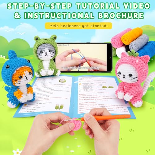 Image of Crochet Kit for Beginners - 3 PCS Crochet Kits with Step-by-Step Video Tutorials, Beginner Crochet Kit for Adults, Crochet Animal Kit for Starters, Cat Dressed as Shark Frog Strawberry