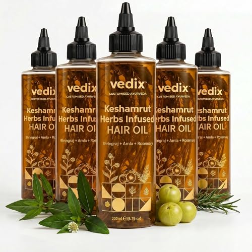 Image of Vedix Keshamrut Herbs Infused Ayurvedic Hair Oil With Bhringraj, Amla & Rosemary I Control Hair Fall & Boost Hair Growth I 16+ Whole Herbs, Leaves & Flowers I For Men & Women I No Mineral Oils & Chemicals (200ml) (Pack of 5)