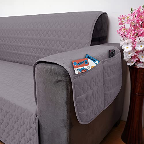 Image of Lithara 3 Layers Soft Quilted Reversible Sofa Cover 2 Seater with Pockets | Dust Protective Quilted Fabric Sofa Seat Cover Grey & Navy Blue