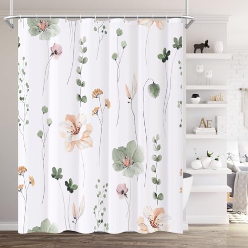 XZTXBest Boho Shower Curtain Set,Sage Green Beige Flower Bath Curtain for Bathroom,Modern Minimalist White Bathroom Curtain,Mildew Resistant,Weighted Hem,Waterproof Fabric with 12 Hooks 72x72 Inches