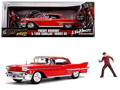 StarSun Depot New 1958 Cadillac Series 62 Red with Freddy Krueger Diecast Figure A Nightmare on Elm Street Movie 1/24 Diecast Model Car by Jada