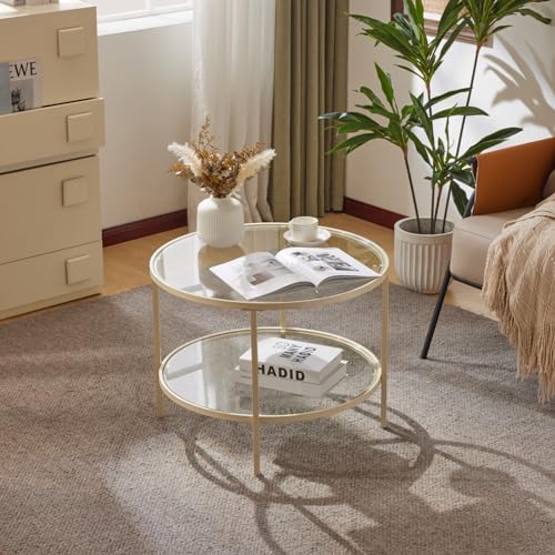 Image of VINGLI Glass Coffee Table, 25.6 inch Round, 2-Tier With Storage, Modern Center Table With Beige Frame, Transparent for Living Room, Mesa de Centro Para Sala