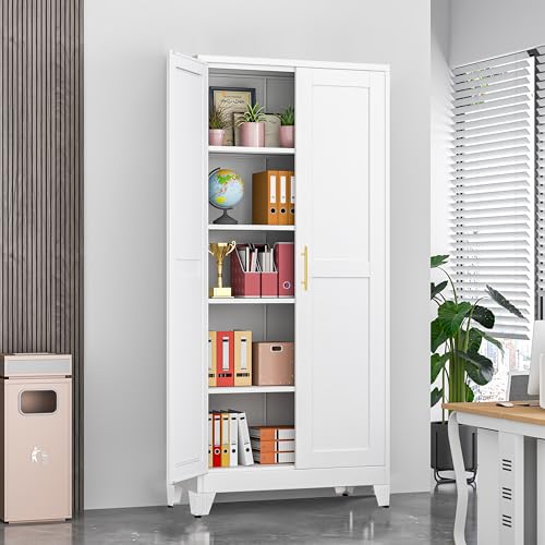 Image of GAIOUS 71 inch Tall Metal Storage Cabinet with 2 Doors and 4 Adjustable Shelves, Kitchen Pantry Cabinet White Freestanding Cupboard, 5 Tier Multifunctional Steel Storage for Office, Kitchen, Dining Room