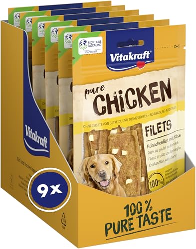 Vitakraft Pure Chicken Filets, Hundeleckerli, Hühnchenfilet mit Käse, Hunde Trainingsleckerli, ohne Zusatz von Zucker (9x 80g)