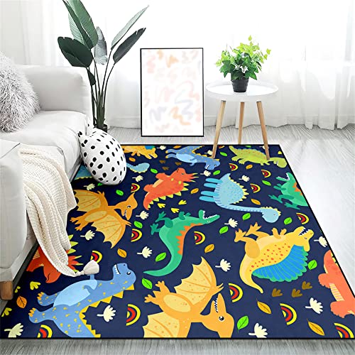 Cartoon Dinosaurs Area Rugs for Kids Navy Blue Lovely Animal Patterns Carpet Dinosaur Carpet for Boys Room Living Dinning Room Bedroom Kitchen Playing, 5'×7'