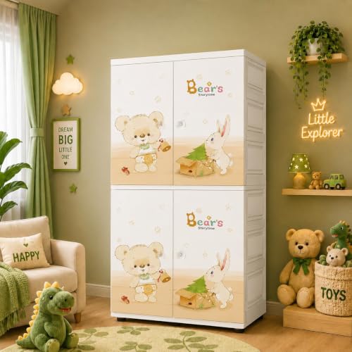 Image of Kids Plastic Wardrobe for Clothes Storage | Baby Cupboard & Almirah with Hanging Rod & Shelves | Portable Collapsible Storage Cabinet for Bedroom | Cartoon Kids Wardrobe