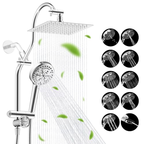 Image of Hibbent High Pressue All Metal 8 inch Rainfall Shower Head, Handheld 10-Spray | cUPC Certified Chrome Dual Showerhead Combo, 4-way Diverter with Pause Mode, Brass Extension Arm, 71'' Shower Hose & Holder