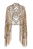Metme Women's 1920s Scarf Wraps Sequin Deco Fringed Wedding Cape Evening Shawl Vintage Prom (Coffee Gold)