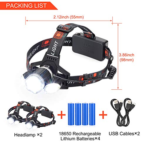 2020 Newest Rechargeable LED Headlamp, 2 Pack 10000 Lumen Super Bright Zoomable Headlight, 4 Modes USB Recharge Flashlight, Waterproof Head Lights with Red Light for Camping Hiking Outdoors