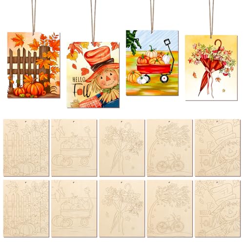 COCHIE 10PCS Fall Thanksgiving Unfinished Wood Crafts to Paint for Adults Kids Bulk Predrilled Wooden Ornaments for Painting Pumpkin Scarecrow Leaf Paintable Wood Slices Craft Supplies with Ropes