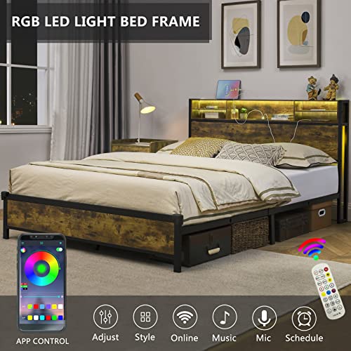 Alohappy Led Queen Bed Frame With Bookcase Headboard, Metal Platform Bed Frame With Charging Station And Rgb Led Lights Strips, Sturdy And No Noise Easy Installation No Box Spring Needed #TOP2