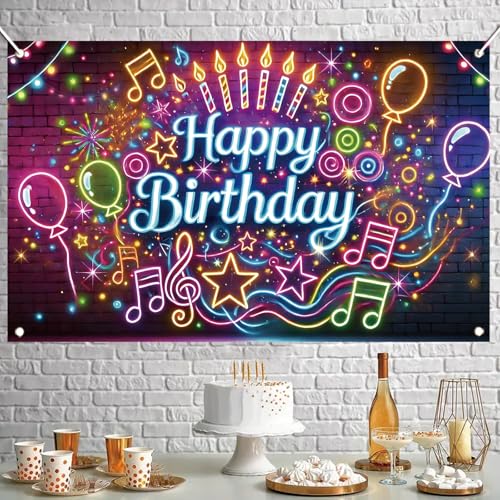 Fondo de feliz cumpleaños neón 71 x 43 pulgadas miniatura 6