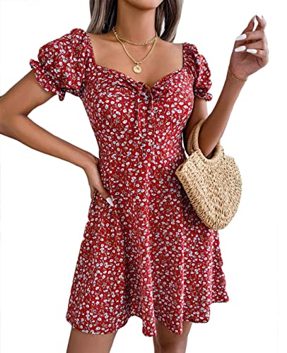CheChury Vestidos Verano Mujeres Casual Vestidos Cortos Floral Vestido Playa Boho Moda Gasa Cuello en V Vestidos Mangas Cortas Mini Vestidos Vacaciones Vestido Swing Bohemio Vestidos Playeros