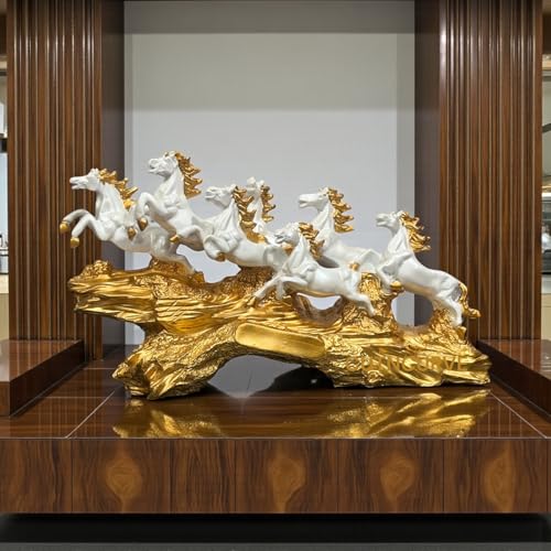 Image of 7 Running Horses Statue for Home Decor, White & Gold Resin Vastu Feng Shui Showpiece, Symbol of Prosperity, Decorative Gift for Living Room, Office, Housewarming, 17.5 Inch