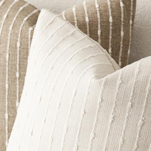 Image of Foindtower Pack of 2 Decorative Jacquard Boucle Throw Pillow Covers Accent Textured Striped Pillowcases Soft Boho Modern Cushion for Couch Sofa Bedroom Living Room Home Decor 22x22 Inch Cream White