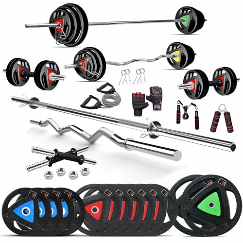 Image of DREAM FIT Rubber Coated Metal Integrated Weight Plates 60Kg Professional Home Gym Combo with 23mm 3ft curl rod, 23mm 5ft straight rod, 1 pair dumbbell rods with steel nuts and gym accessories (60kg set)