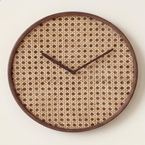 Image of The Artment your artistic apartment Brown CaneHalo Clock Natural Cane Weave Wall Clock, Silent Quartz Movement, Wooden Frame Minimalist Round Clock for Living Room, Bedroom, Office Decor