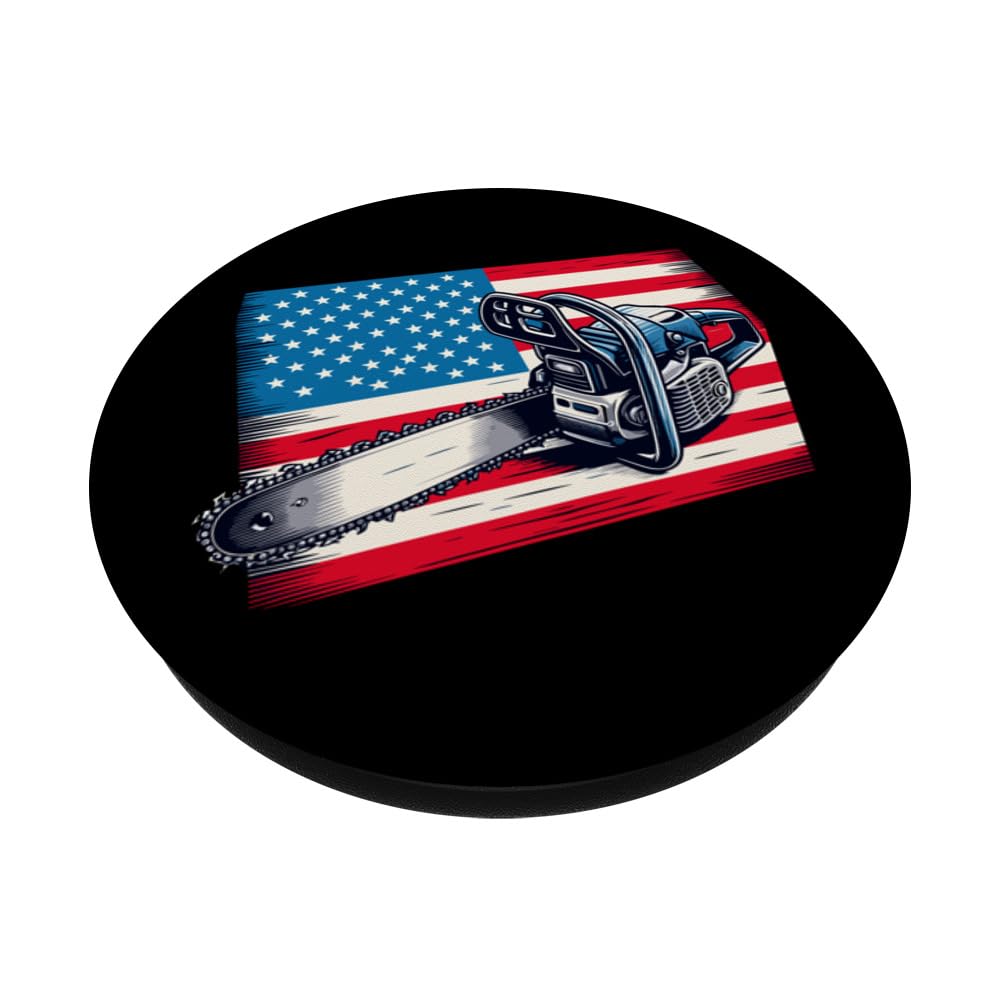 Patriotic American Flag 4th Of July Chainsaw Logger PopSockets Swappable PopGrip, Black - Image 2
